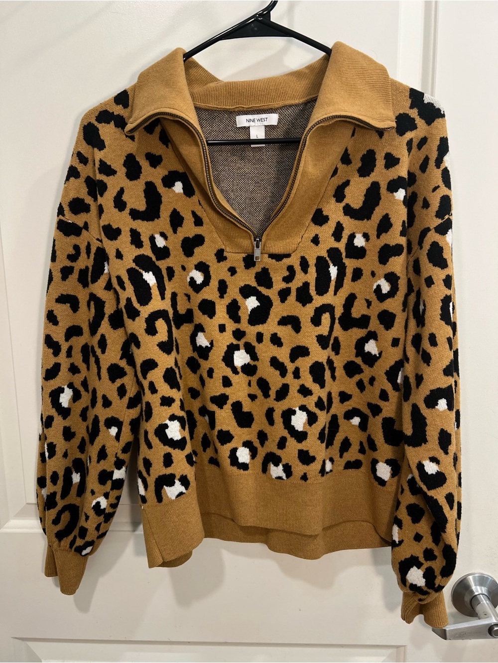 Nine West Camel Leopard Print Half-Zip Turtleneck Sweater